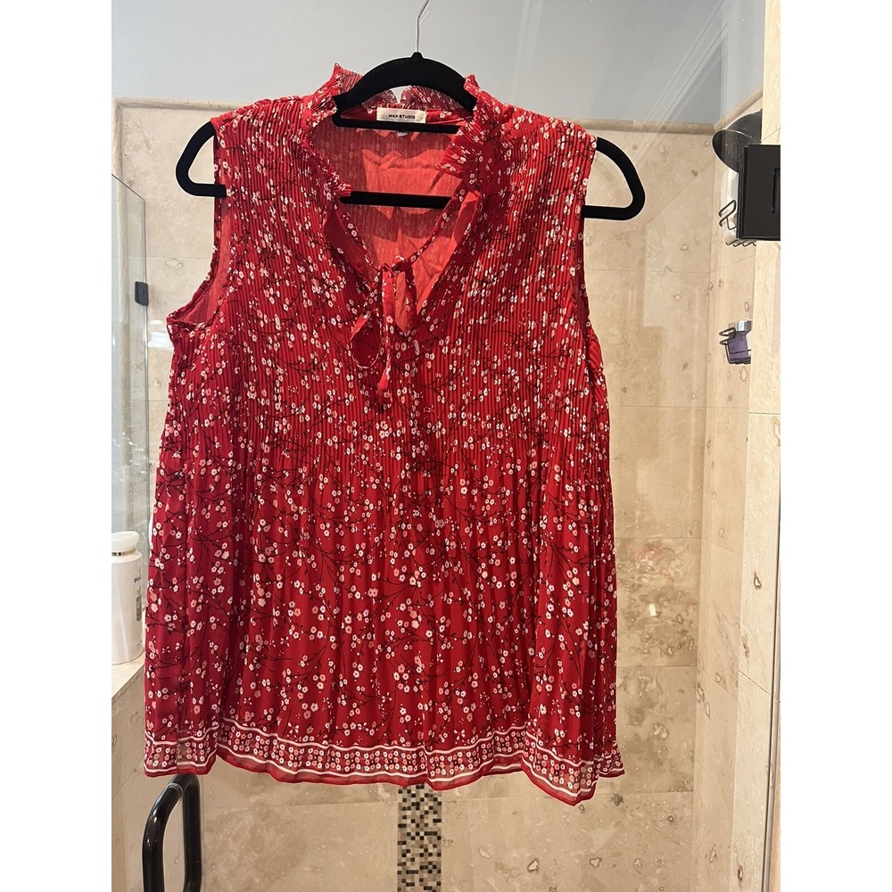 Max Studio Women Red Floral Pleated Sleeveless Blouse Tie Neck Tank Top M